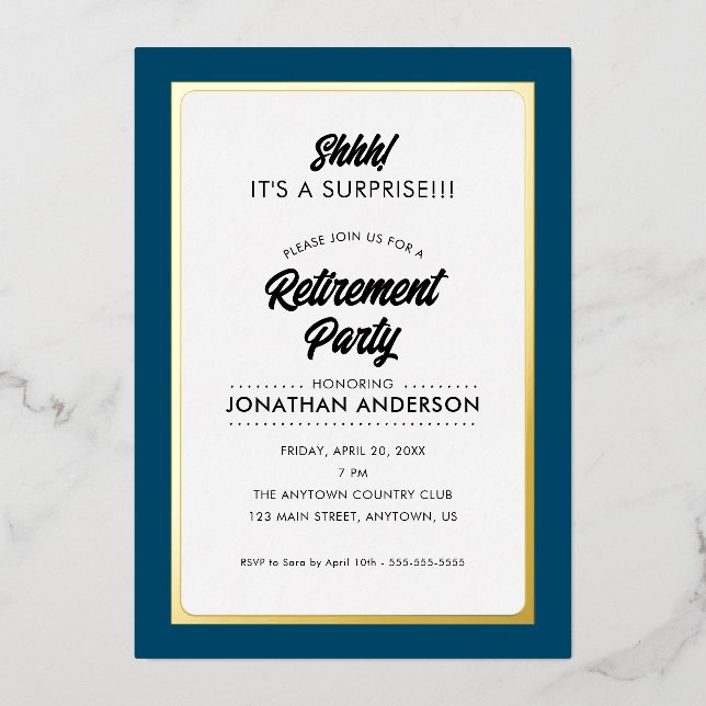 Invitation En Aluminium Fête de retraite surprise simple or (Recto)