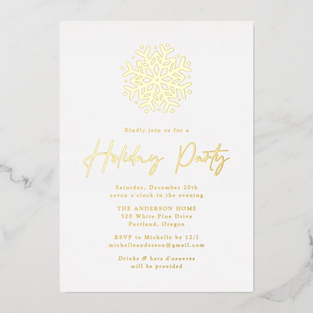Invitation En Aluminium Fête de vacances Gold Snowflake (Recto)