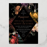 Invitation En Aluminium Fête d'engagement florale romantique sombre et mél<br><div class="desc">Fleurs sombres inspirées des maîtres hollandais avec des touches de feuille d'or véritable. Personnalisez la couleur du diamant et la couleur de fond sur l'avant et l'arrière. Tout le texte est modifiable.</div>