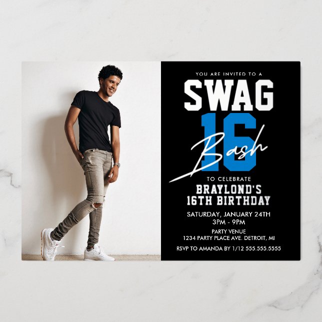 Invitation En Aluminium Fête des 16 ans Blue Swag (Recto)