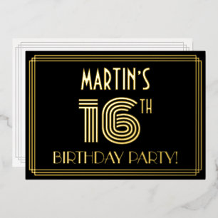 Invitation En Aluminium Fête des 16 ans — Style Art Déco “16” + Nom