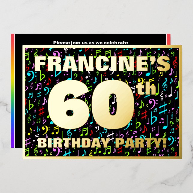 Invitation En Aluminium Fête des 60 ans — Symboles de musique amusants et  (Recto/Verso)