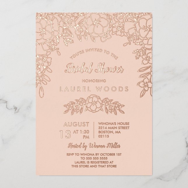 Invitation En Aluminium Fête des mariées d'art Blush & Rose Gold Floral Li (Recto)