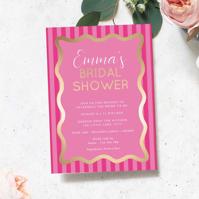 Invitation En Aluminium Fête des mariées de bande rose-chaud Wave (Pink Hot Pink Stripe Wave Gold Bridal Shower Invitation )