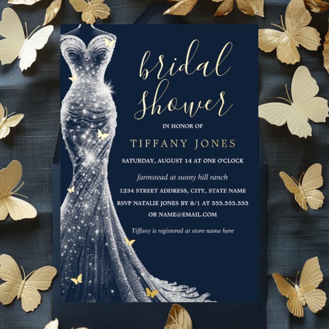 Invitation En Aluminium Fête des mariées de robe papillon Gold Navy (Créateur téléchargé)
