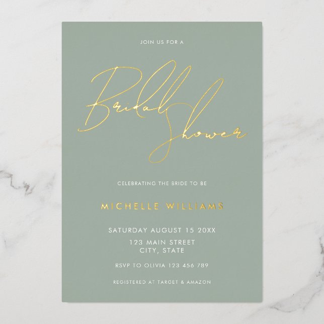 Invitation En Aluminium Fête des mariées de script élégante Sage Green (Recto)
