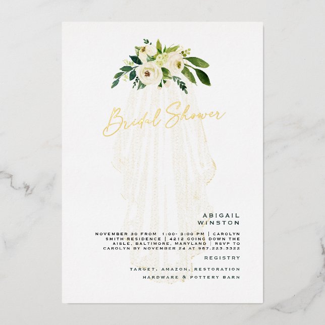 Invitation En Aluminium Fête des mariées d'huile d'or Veil floral blanc (Recto)