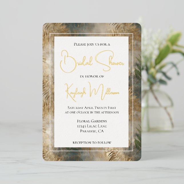 Invitation En Aluminium Fête des mariées Feuille Tropical Green Gold (Debout devant)