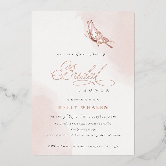 Invitation En Aluminium Fête des mariées papillon rose pâle (Recto)