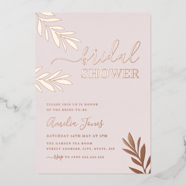 Invitation En Aluminium Fête des mariées rose Gold Boho Leaf (Recto)