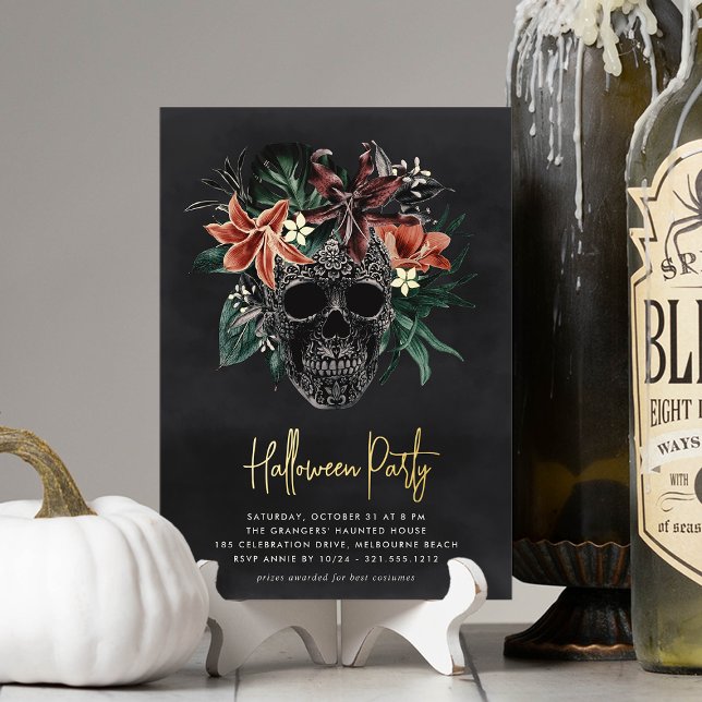 Invitation En Aluminium Fête d'Halloween au crâne floral tropical (Créateur téléchargé)