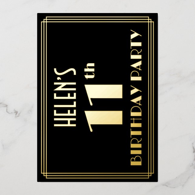 Invitation En Aluminium Fête du 11e anniversaire : Art Déco Look "11", ave (Recto)