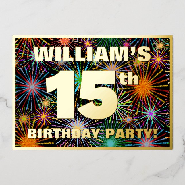Invitation En Aluminium Fête du 15e anniversaire — Amusant, Feu d'artifice (Recto)