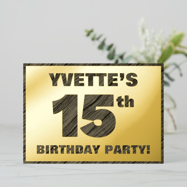 Invitation En Aluminium Fête du 15e anniversaire — Gras, Faux Wood Grain T (Debout devant)