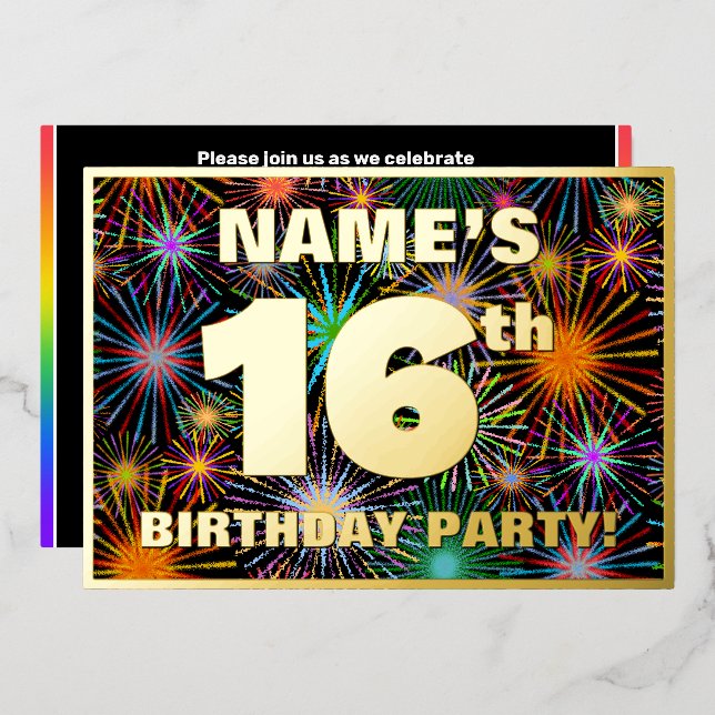 Invitation En Aluminium Fête du 16e anniversaire — Amusant, Feu d'artifice (Recto/Verso)
