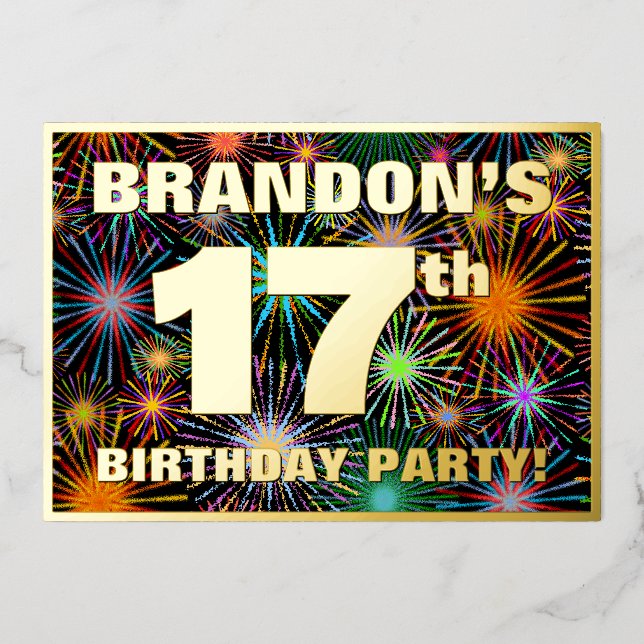 Invitation En Aluminium Fête du 17e anniversaire — Amusant, Feu d'artifice (Recto)