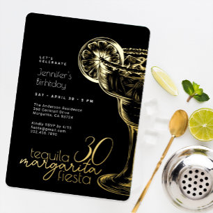 Invitation En Aluminium Fête du 30e anniversaire moderne Margarita or noir