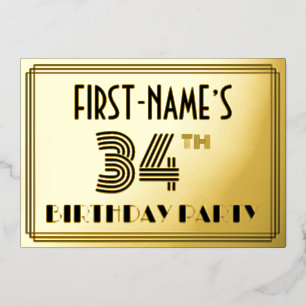 Invitation En Aluminium Fête du 34e anniversaire — Art Déco Style "34" & N