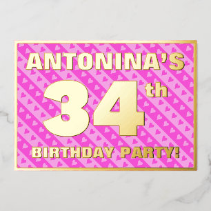Invitation En Aluminium Fête du 34e anniversaire — Coeurs roses amusants e