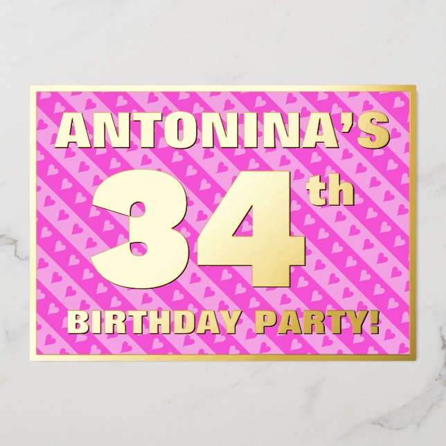 Invitation En Aluminium Fête du 34e anniversaire — Coeurs roses amusants e (Recto)