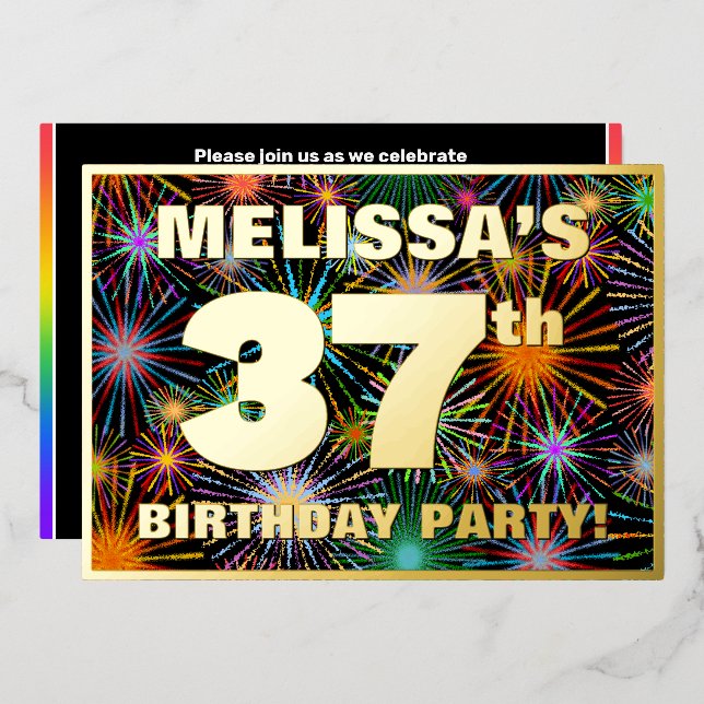Invitation En Aluminium Fête du 37e anniversaire — Amusant, Feu d'artifice (Recto/Verso)