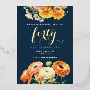 Invitation En Aluminium Fête du 40e anniversaire Fleurs botaniques orange