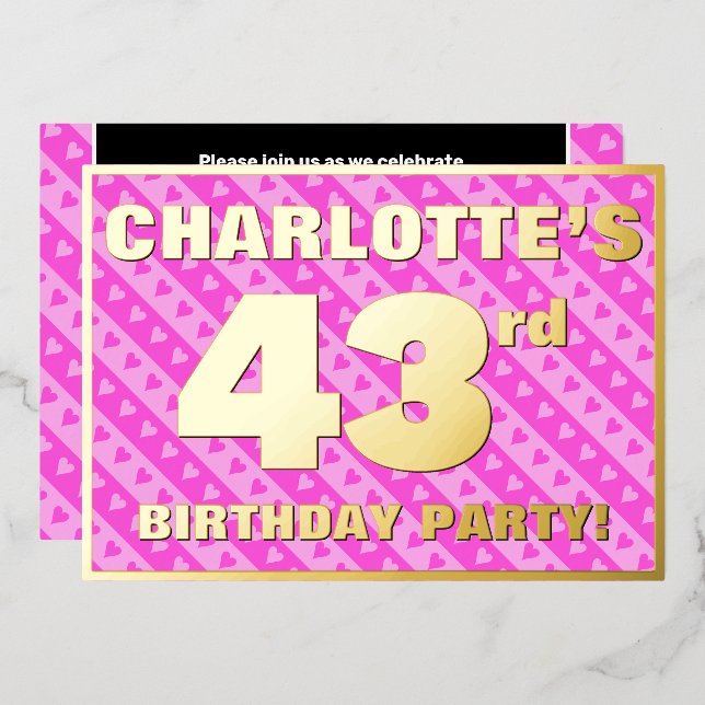 Invitation En Aluminium Fête du 43e anniversaire — Coeurs et rayures roses (Recto/Verso)