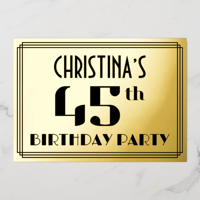 Invitation En Aluminium Fête du 45e anniversaire : Art Déco Look "45" et n (Recto)