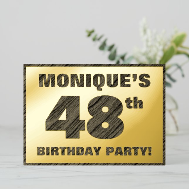 Invitation En Aluminium Fête du 48e anniversaire — Gras, Faux Wood Grain T (Debout devant)