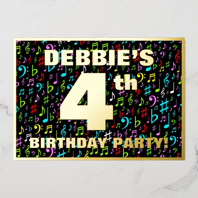 Invitation En Aluminium Fête du 4e anniversaire — Symboles de musique amus (Recto)