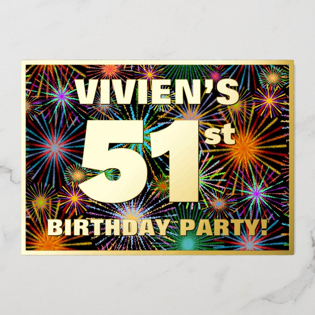 Invitation En Aluminium Fête du 51e anniversaire — Amusant, Feu d'artifice (Recto)