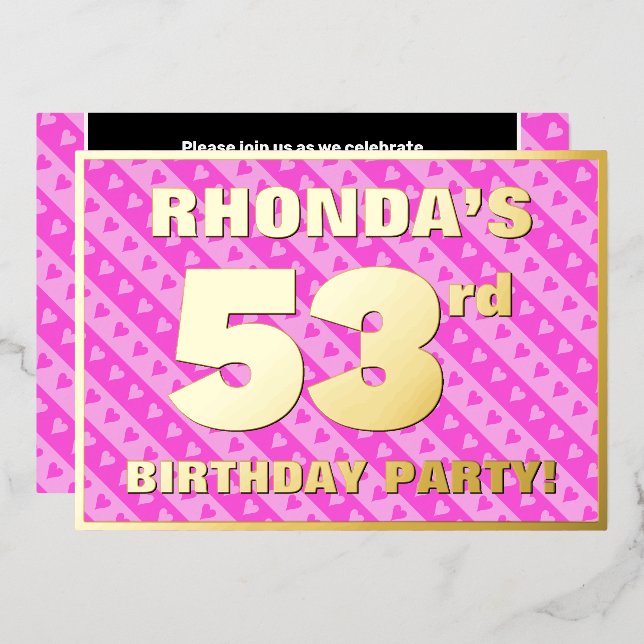 Invitation En Aluminium Fête du 53e anniversaire — Coeurs et rayures roses (Recto/Verso)