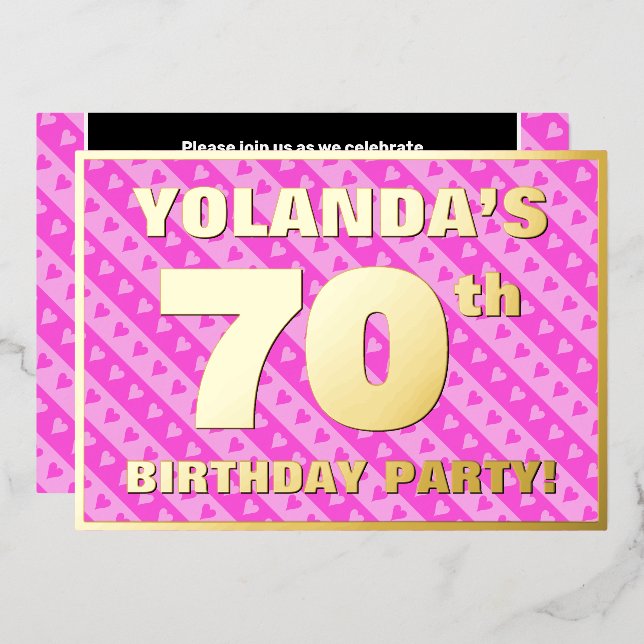Invitation En Aluminium Fête du 70e anniversaire — Coeurs et rayures roses (Recto/Verso)