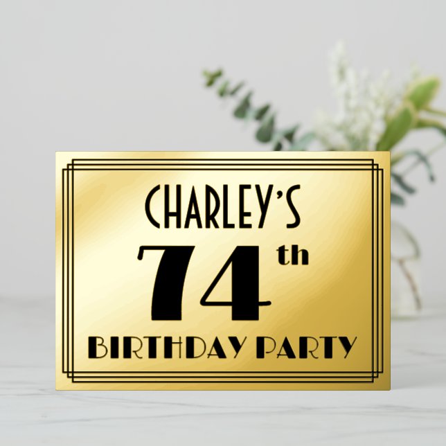 Invitation En Aluminium Fête du 74e anniversaire — Art Déco Look "74" + No (Debout devant)