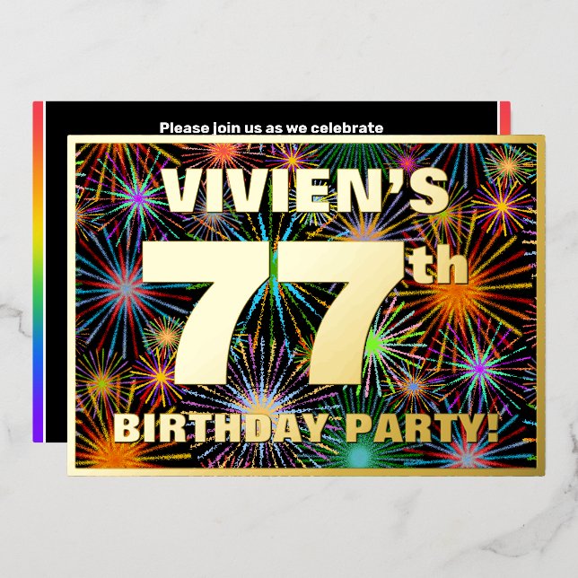 Invitation En Aluminium Fête du 77e anniversaire — Amusant, Feu d'artifice (Recto/Verso)
