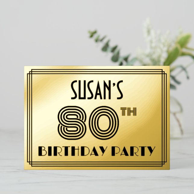 Invitation En Aluminium Fête du 80e anniversaire — Art Déco Style "80" & N (Debout devant)