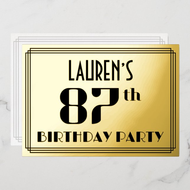 Invitation En Aluminium Fête du 87e anniversaire : Art Déco Look "87" et n (Recto/Verso)