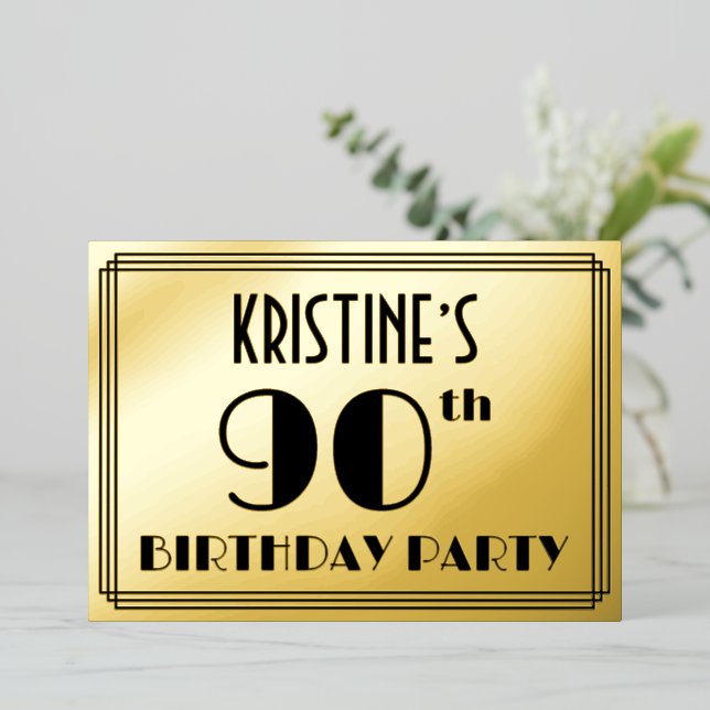Invitation En Aluminium Fête du 90e anniversaire — Art Déco Look "90" + No (Debout devant)