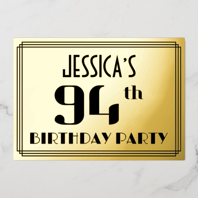 Invitation En Aluminium Fête du 94e anniversaire : Art Déco Look "94" et n (Recto)