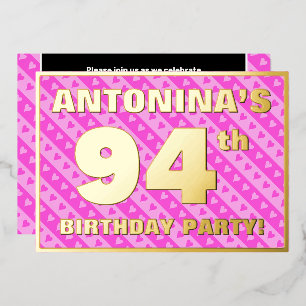 Invitation En Aluminium Fête du 94e anniversaire — Coeurs et rayures roses