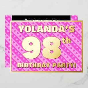 Invitation En Aluminium Fête du 98e anniversaire — Cœurs roses et rayures
