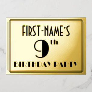 Invitation En Aluminium Fête du 9e anniversaire — Art Déco Look "9" + Nom