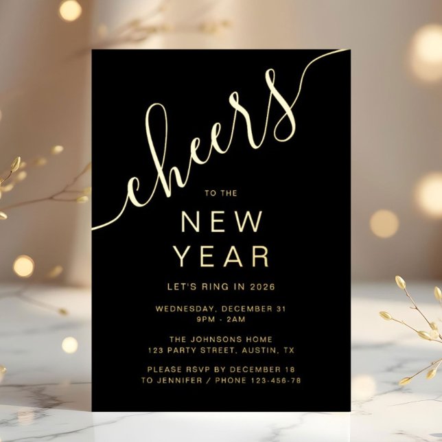 Invitation En Aluminium Fête du Nouvel An écriture élégante Or (Elegant Script New Year Party Gold Foil Invitation)