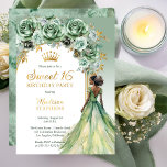 Invitation En Aluminium Fête élégante de Sweet 16 avec rose florale verte<br><div class="desc">Élégant et classe, le vert sauge avec des accents de ton doré combinés avec un panneau blanc et doré en forme d'arche sur un fond clair, design de fête "Sweet 16". Caractérisé par une beauté à la peau brune avec des cheveux bruns foncés à noirs dans une robe de bal...</div>