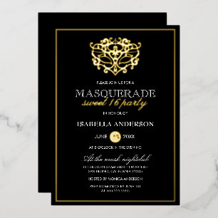 Invitation En Aluminium Fête élégante de Sweet 16 Mascarade Or & Noir