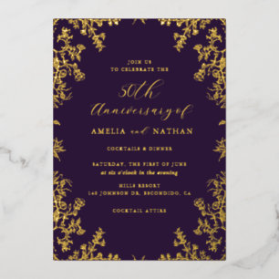 Invitation En Aluminium Fête élégante vintage or violet 50e anniversaire