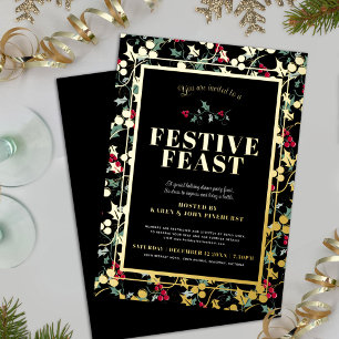 Invitation En Aluminium Fête Festive Baies d'or noir Dîner de Noël