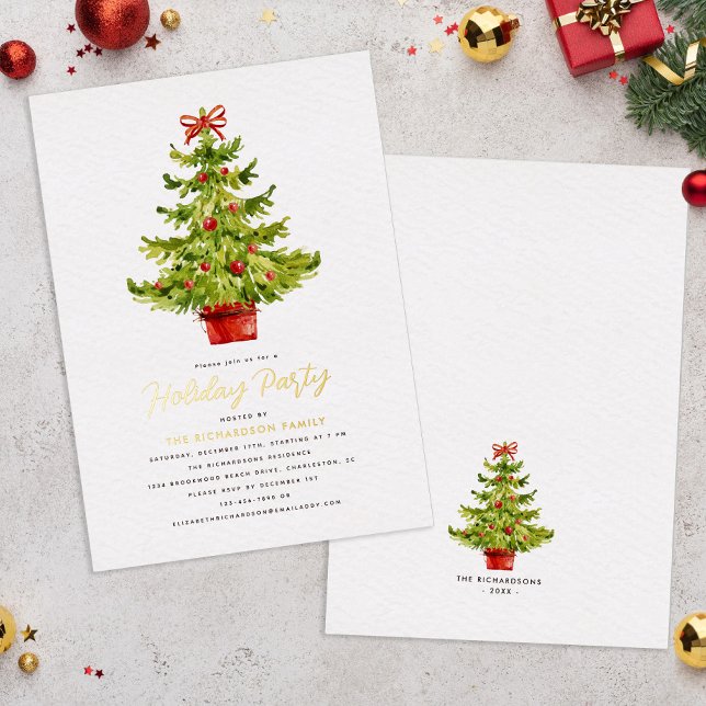 Invitation En Aluminium Fête Festive Red Green Tree Real Gold (Holiday Party Festive Red Green Tree Real Gold Foil Invitation)