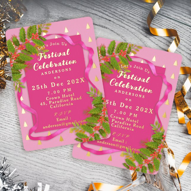 Invitation En Aluminium Fête Fête Noël rose (Festival Celebration Christmas Pink  Foil Invitation)