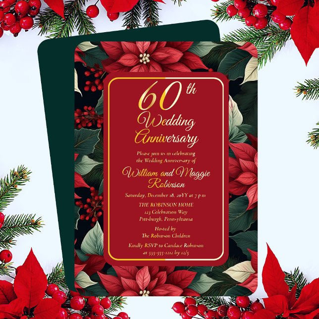 Invitation En Aluminium Fête Fleur de Fête 60e fête Mariage Anniversaire (Elegant Dark and Moody Christmas Poinsettia Holiday Floral 60th Wedding Anniversary Foil Invitation)